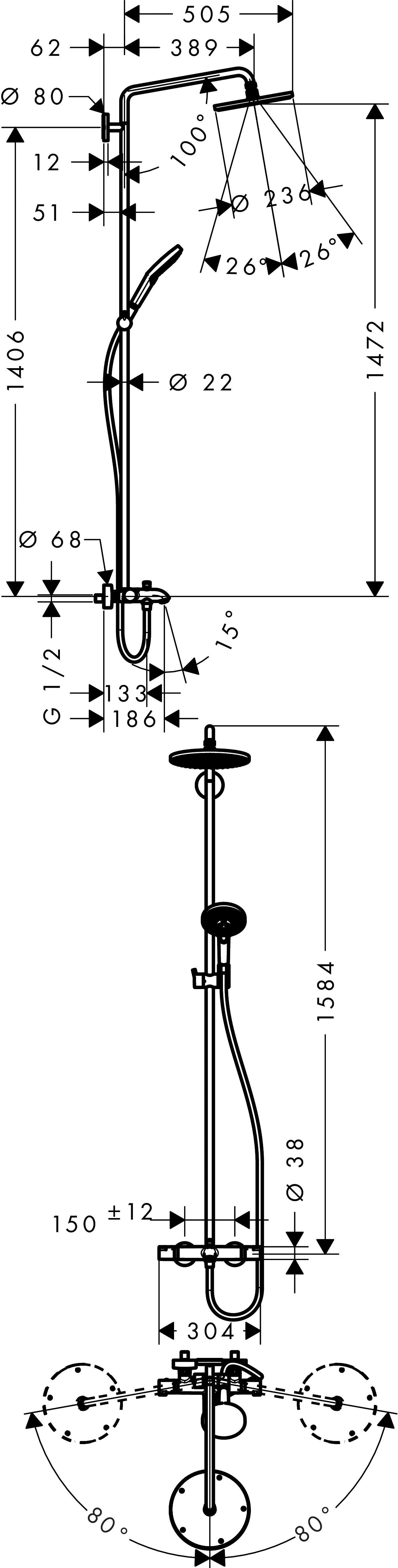 Showerpipe Raindance Select Wanne chr.Kopfbrause Raindance Air 1jet 240mm