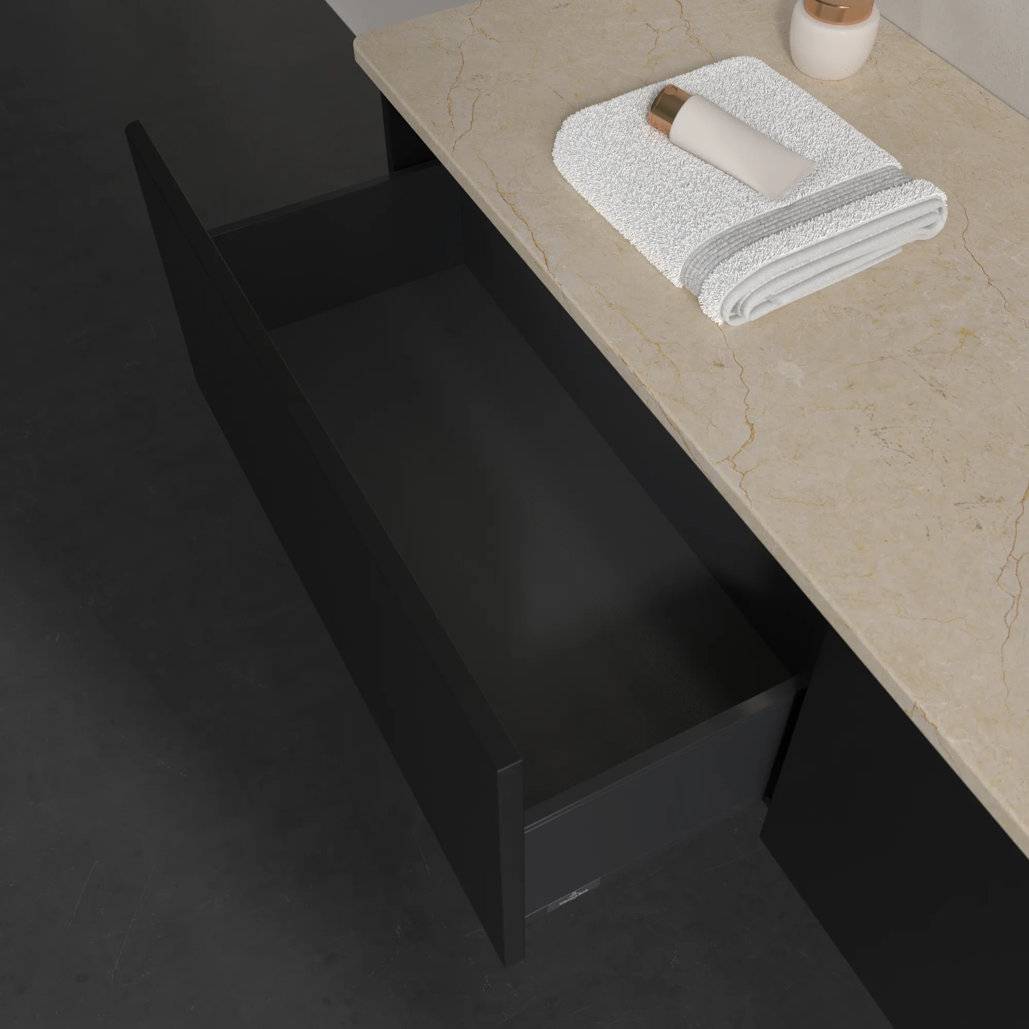 Villeroy & Boch Waschtischunterschrank „Antao“ 1600 × 360 × 500 mm Black Matt Lacquer, für Becken rechts, mit Beleuchtung Villeroy & Boch Waschtischunterschrank „Antao“ 1600 × 360 × 500 mm Black Matt Lacquer, für Becken rechts, mit Beleuchtung