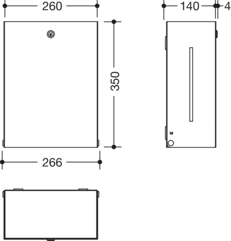 Papierhandtuchspender, Edelstahl, spiegelpoliert, Breite 260 mm, Höhe 350 mm, Tiefe 140 mm, zur Aufnahme von Papierhandtüchern mit Falzungen in der Breite 235 - 250 mm und gefalteter Länge / Tiefe von 80 - 110 mm