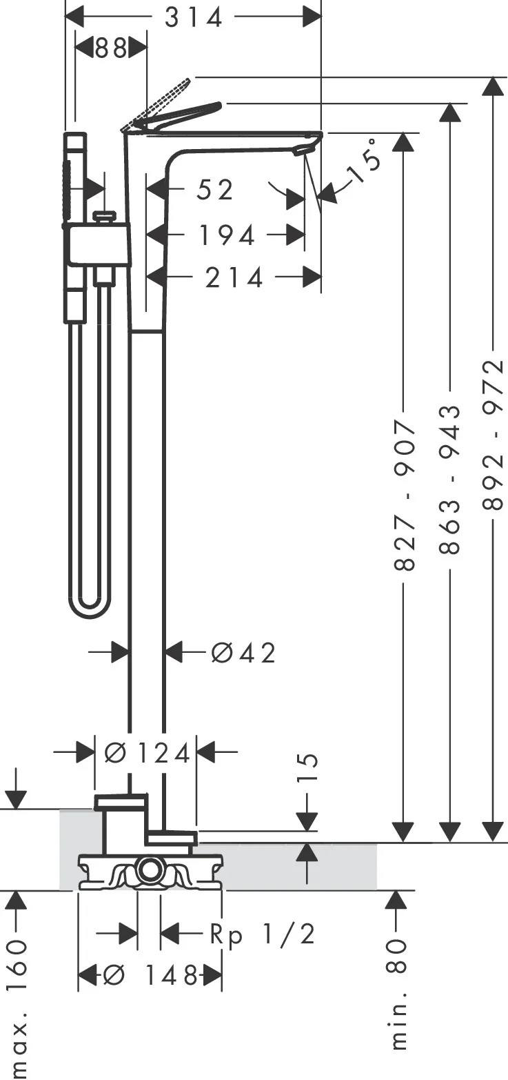 Hansgrohe AXOR Citterio C Cubic cut chrom - Einhebel-Wannenmischer bodenstehend, Chrom, Ausladung 194 mm