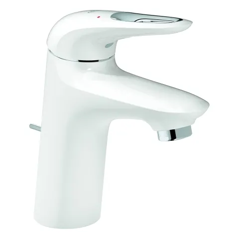 Einhand-Waschtischbatterie Eurostyle 23374_3, S-Size, Einlochmontage, offener Metall-Hebelgriff, Energie-Spar-Funktion Mittelstellung kalt, Zugstangen-Ablaufgarnitur 1 1/4″, moon white/chrom