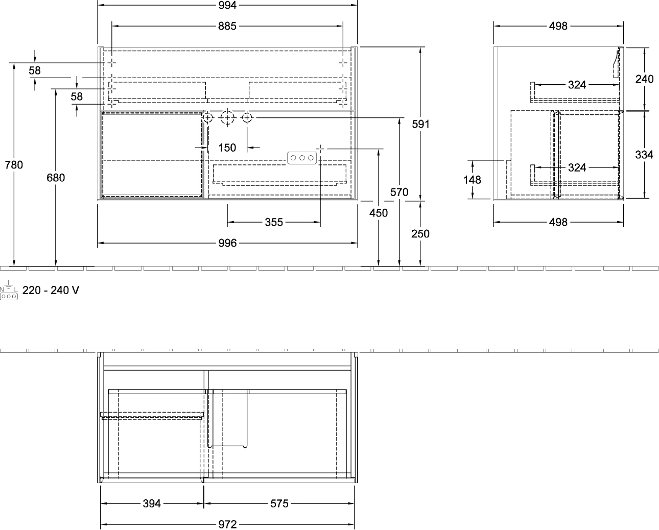 Villeroy & Boch Waschtischunterschrank „Finion“ für Schrankwaschtisch 996 × 591 × 498 mm Black Matt Lacquer, für Becken mittig