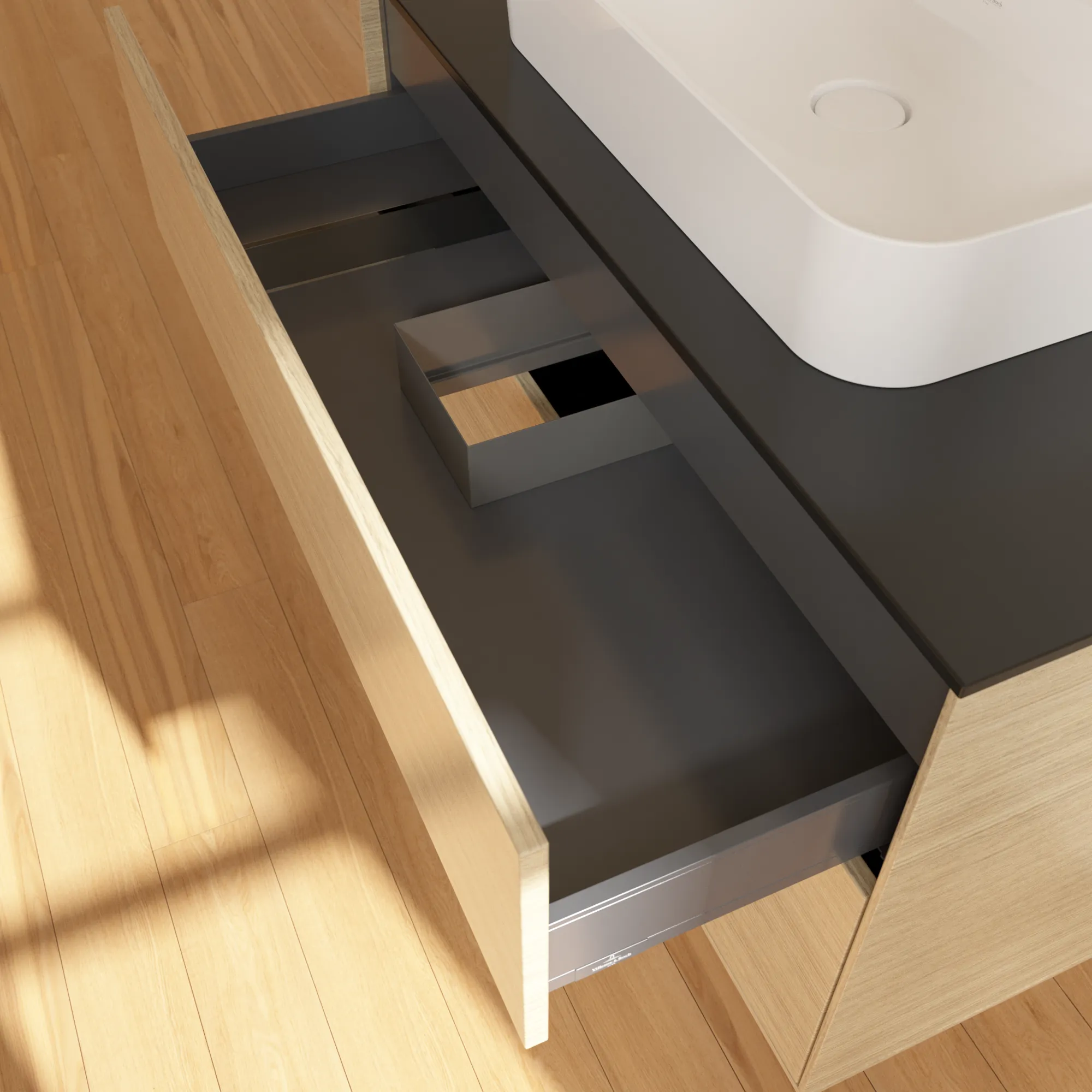 Villeroy & Boch Finion F35 Waschbeckenunterschrank, 1000 x 603 x 501 mm, Eckig, Oak Veneer / Glass Black Matt