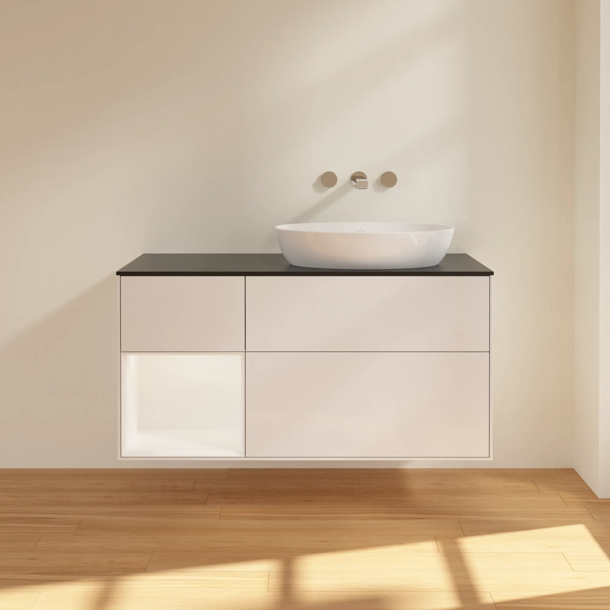 Villeroy & Boch Finion FA4 Waschbeckenunterschrank, 1200x603x501mm, Glossy White Lacquer/White Matt Lacquer/Glass Black Matt