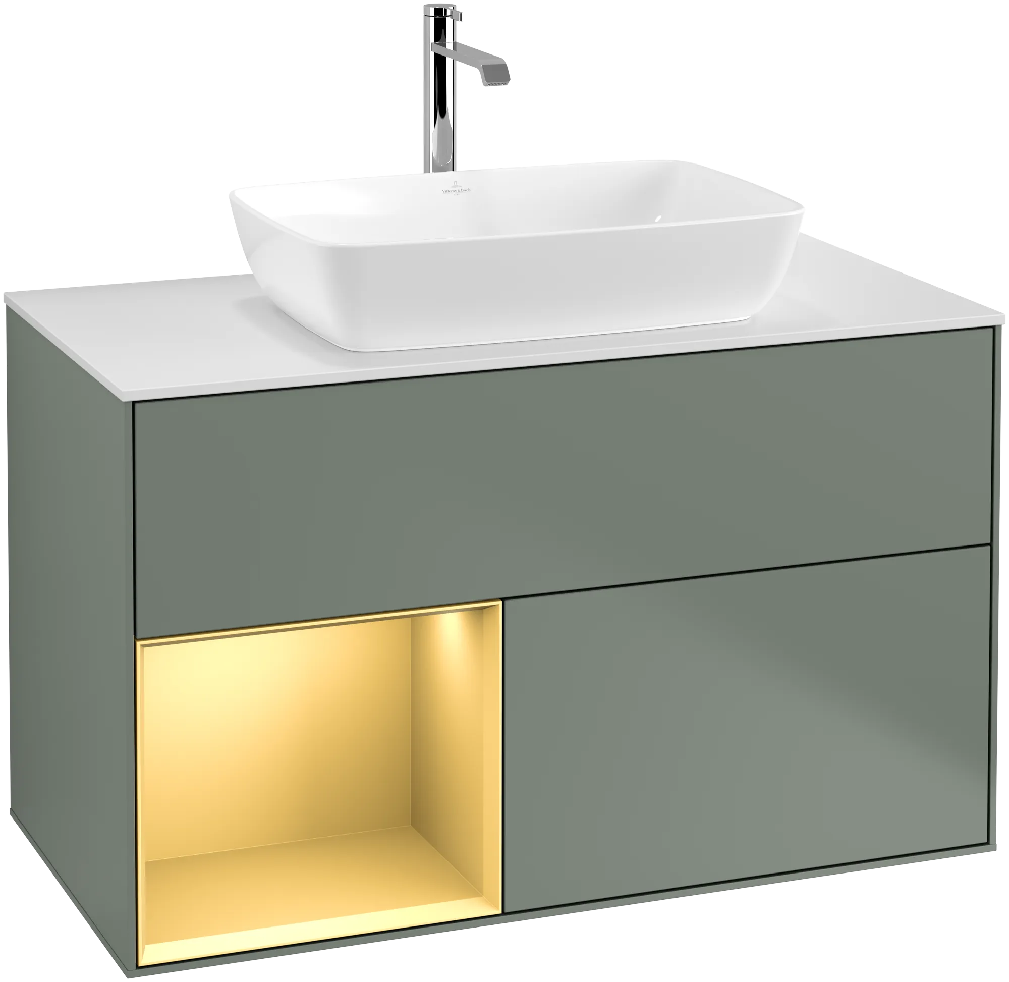 Villeroy & Boch Waschbeckenunterschrank Finion F77, 1000 x 603 x 501 mm, Olive Matt Lacquer / Gold Matt Lacquer / Glass White Matt