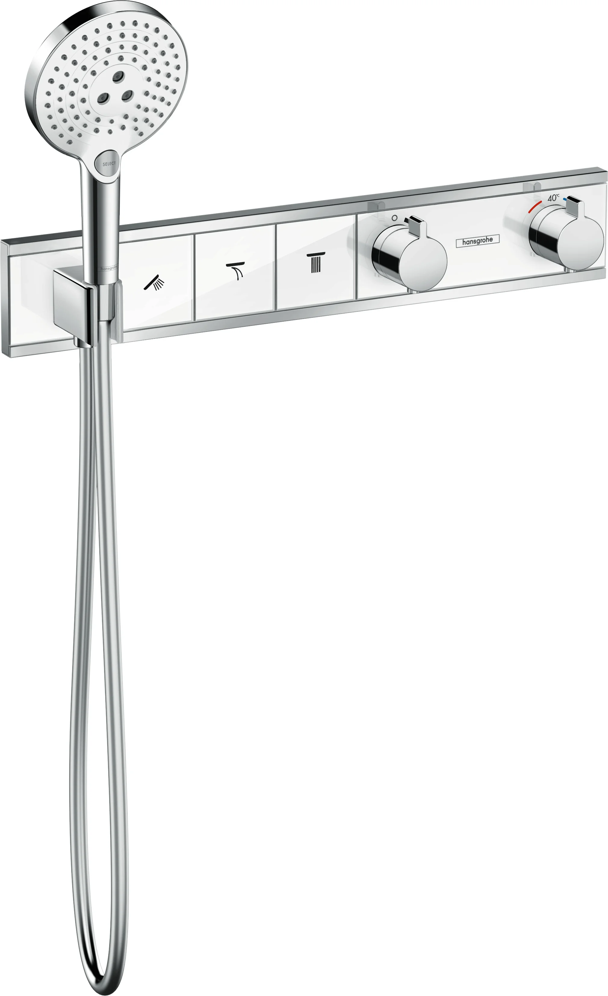 Hansgrohe RainSelect Thermostat Unterputz, 3 Verbraucher, weiß/chrom, mit Brausehalter und Tasten für Handbrause, Schwall, Rain groß