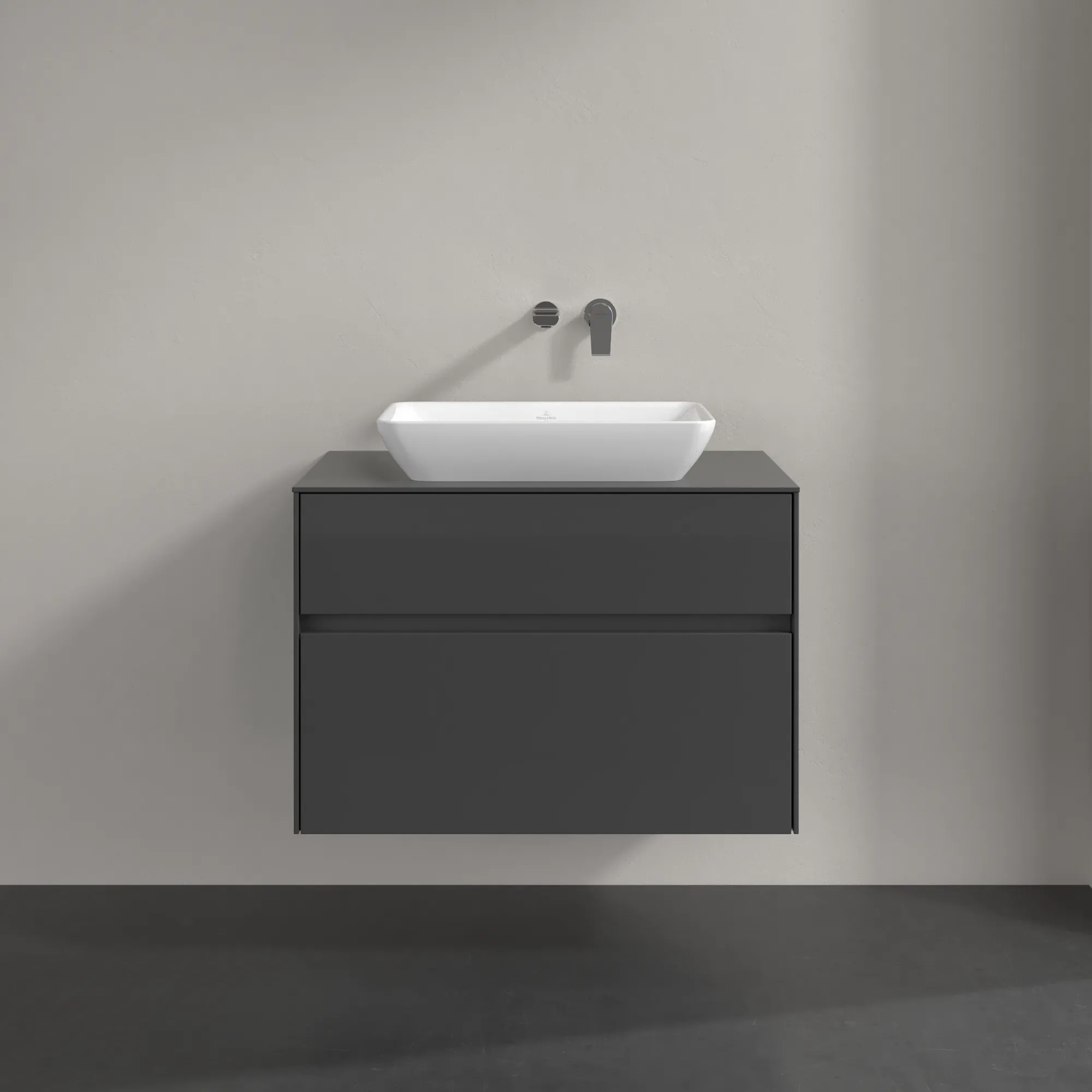 Villeroy & Boch Waschbeckenunterschrank Collaro C10800, Eckig Glossy Grey, 800x548x500mm, 39kg, Wandmontage, 2 Auszüge mit SoftClosing, 1 Waschbecken mittig
