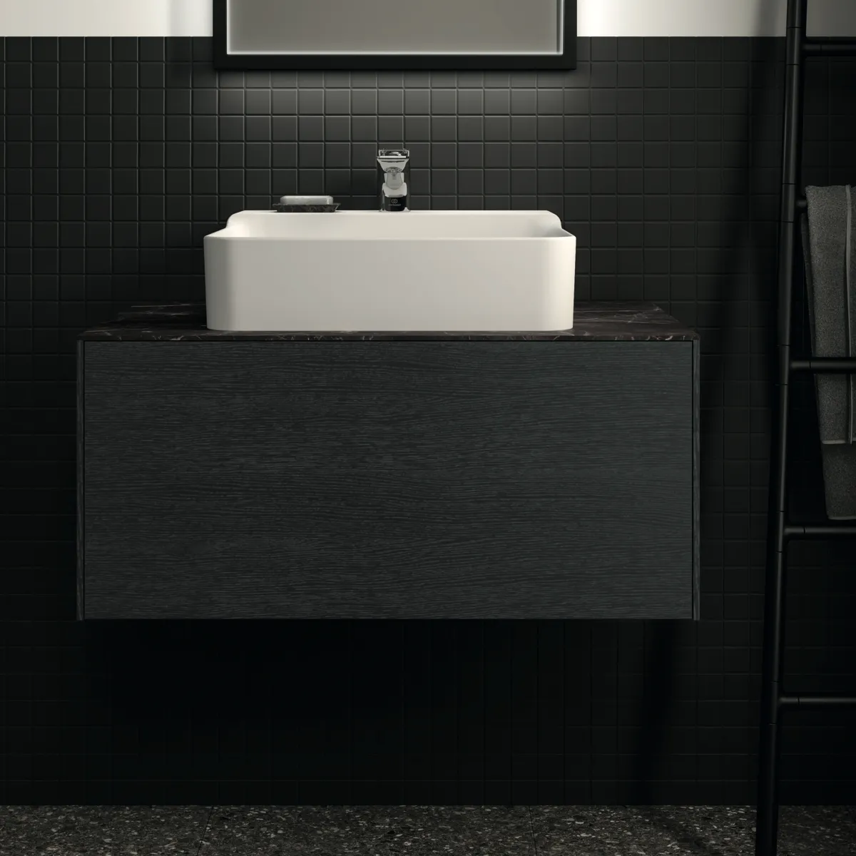 Waschtischplatte Conca, aus Keramik, 802x505x6mm, Marmor Noir Desir
