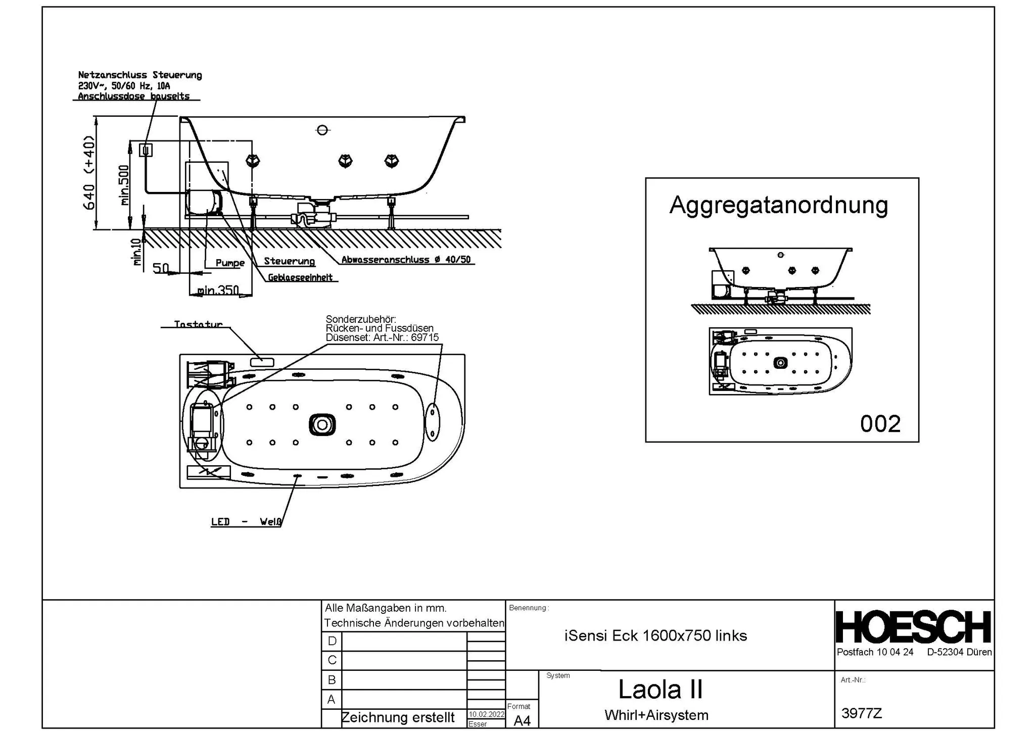 Hoesch Whirlwanne „iSensi“ mit Whirlsystem „Laola II“ eck, asymmetrisch 160 × 75 cm in Weiß