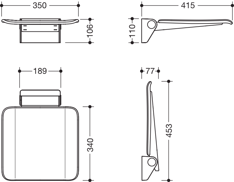 Klappsitz des Systems 900, Wandkonsole aus Edelstahl, PVD, Sitzfläche aus strukturiertem Kunststoff, weiß, Sitzfläche 350 mm breit, 340 mm tief, in Farbe CK (messing glänzend)