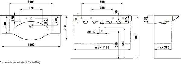 Waschtisch PALACE 510x1200x165 1 Hahnloch mit Überlauf Ablage links und rechts weiß
