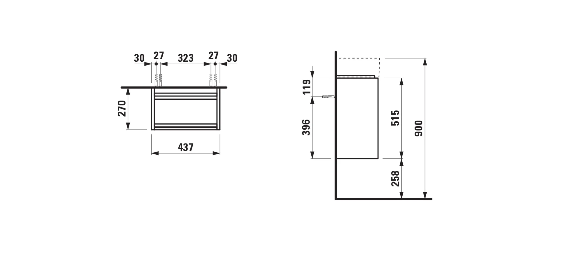 Waschtischunterbau LANI 270x437x515 1 Tür Scharnier rechts integrierte Griffleiste und Soft-Close 1 Glasablage (fix) für Waschtisch Kartell • H815334 weiß matt Waschtischunterbau LANI 270x437x515 1 Tür Scharnier rechts integrierte Griffleiste und Soft-Close 1 Glasablage (fix) für Waschtisch Kartell • H815334 weiß matt