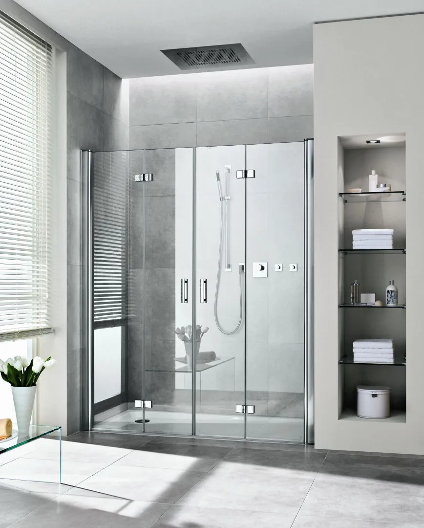 Kermi Pendel-Falttür 4-teilig für Nische „Diga“ Glas Klar, Profile Silber Hochglanz, Falttür BV: 1168 - 1208 mm WE: 1168 - 1208 mm H: 1850 mm Kermi Pendel-Falttür 4-teilig für Nische „Diga“ Glas Klar, Profile Silber Hochglanz, Falttür BV: 1168 - 1208 mm WE: 1168 - 1208 mm H: 1850 mm