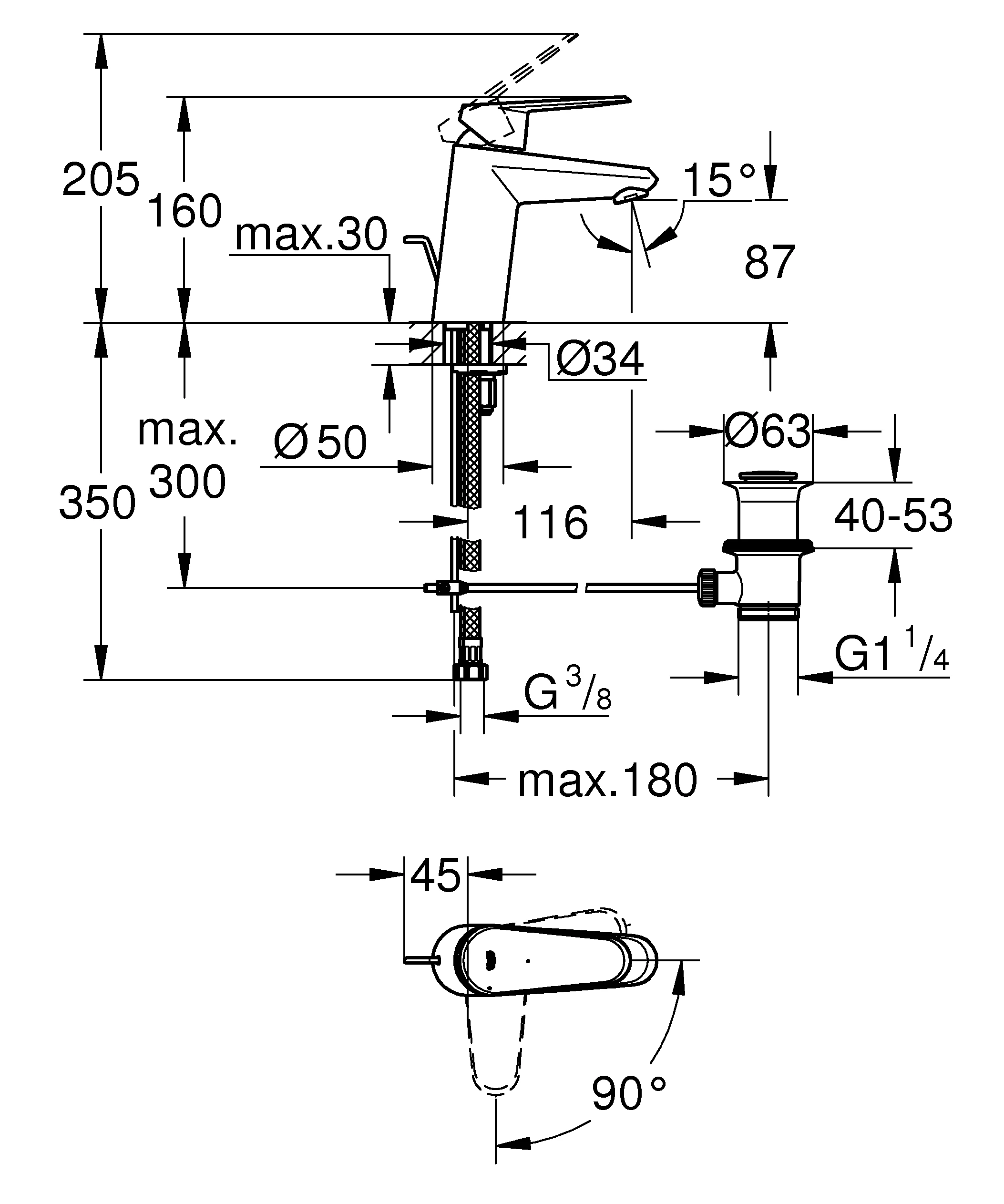 Einhand-Waschtischbatterie Eurodisc Cosmopolitan 23384_2, S-Size, Einlochmontage, Energie-Spar-Funktion Mittelstellung kalt, Zugstangen-Ablaufgarnitur 1 1/4″, chrom