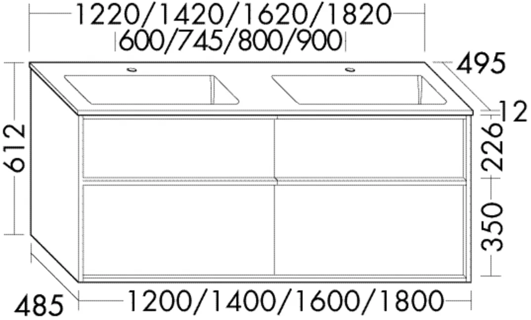 Mineralguss-Waschtisch Lin20 inkl. Waschtischunterschrank, Uomo, 495x1820x612 mm, Doppelwaschbecken 675x295 mm