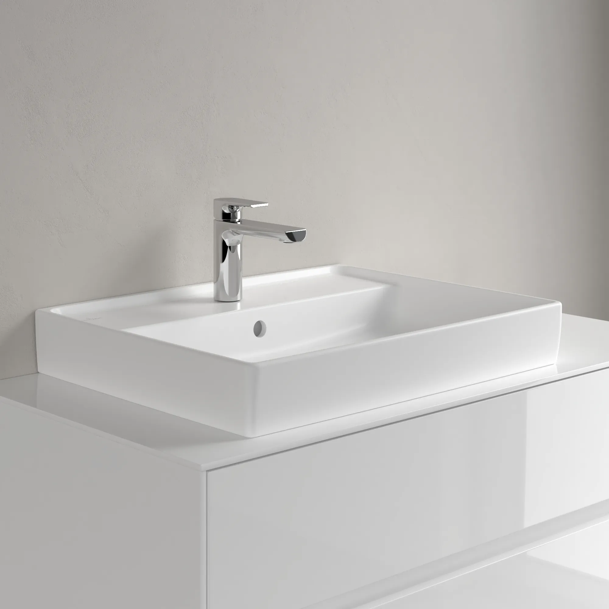 Villeroy & Boch Wandwaschtisch aus TitanCeram geschliffen „Collaro“ 600 × 470 × 160 mm, mit Hahnlochbohrung, Hahnlochposition mittig in Stone White