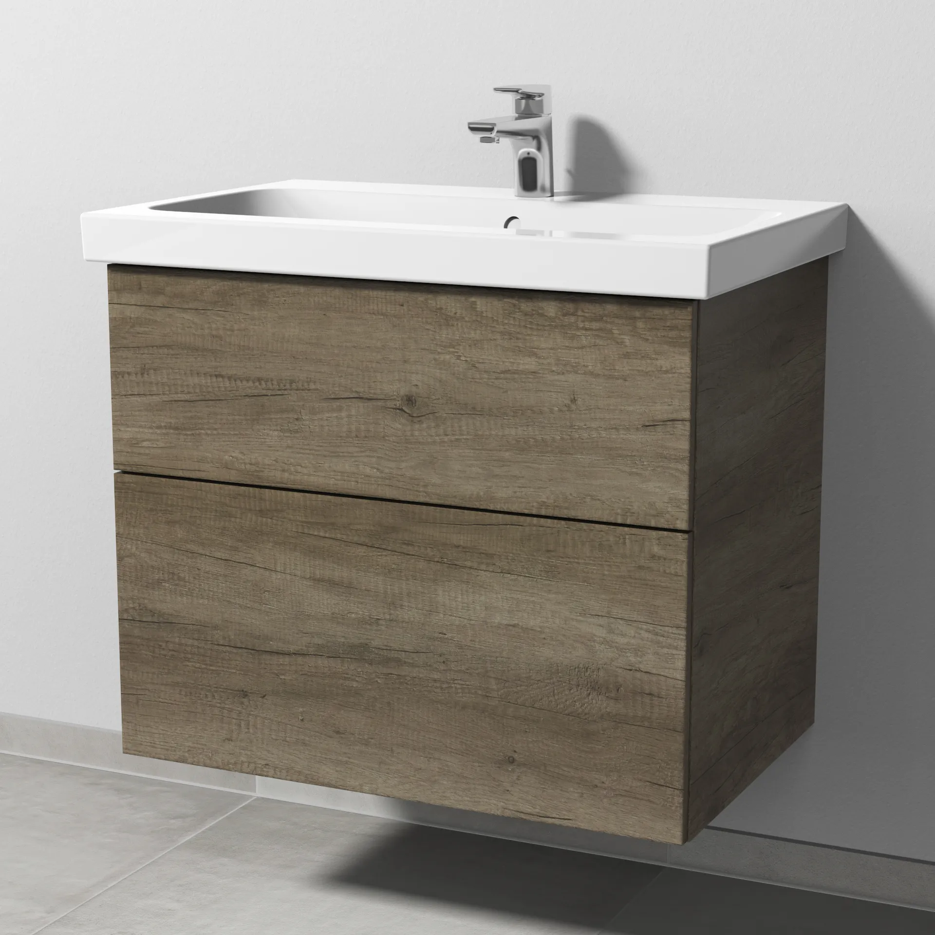 Sanipa Waschtischunterschrank „3way“ passend zu Keramik-Waschtische iCon Light von Geberit 700 × 591 × 462 mm in Eiche Nebraska, Becken mittig, mit