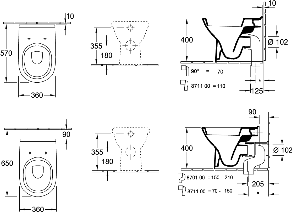 Tiefspül-WC O.novo 565710, 360 x 560 x 400 mm, Oval, bodenstehend, Abgang waagerecht, Weiß Alpin