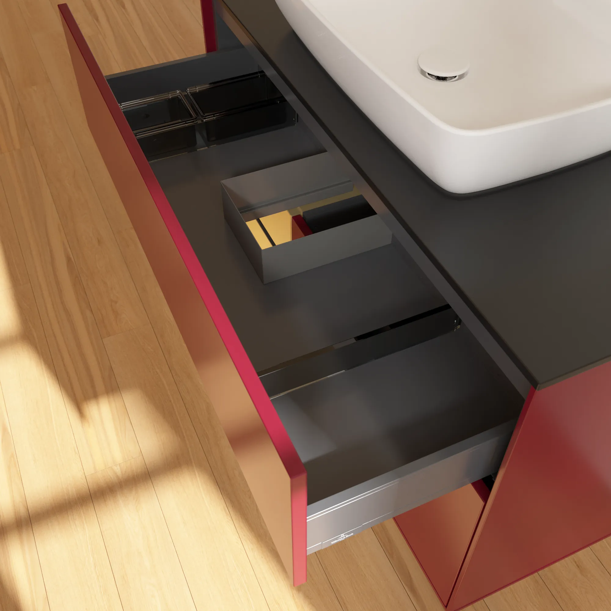 Villeroy & Boch Waschbeckenunterschrank Finion F77, 1000x603x501 mm, Peony Matt Lacquer mit Gold Regal, Beleuchtung dimmbar, SoftClosing, Push-to-open Villeroy & Boch Waschbeckenunterschrank Finion F77, 1000x603x501 mm, Peony Matt Lacquer mit Gold Regal, Beleuchtung dimmbar, SoftClosing, Push-to-open