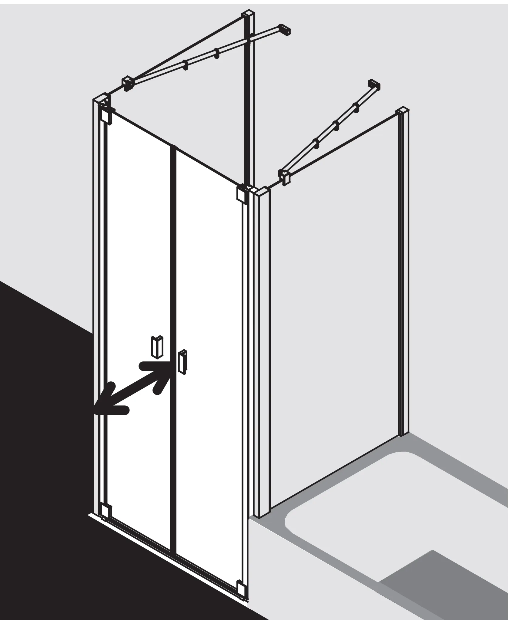 Kermi Pendeltür für Nische und Ecke „RAYA“ Glas Klar Dekor Stripe 3, Profile Silber Mattglanz, BV: 1193 - 1253 mm GAK: 1180 - 1230 mm WE: 1193 - 1253 mm H: 2000 mm Kermi Pendeltür für Nische und Ecke „RAYA“ Glas Klar Dekor Stripe 3, Profile Silber Mattglanz, BV: 1193 - 1253 mm GAK: 1180 - 1230 mm WE: 1193 - 1253 mm H: 2000 mm