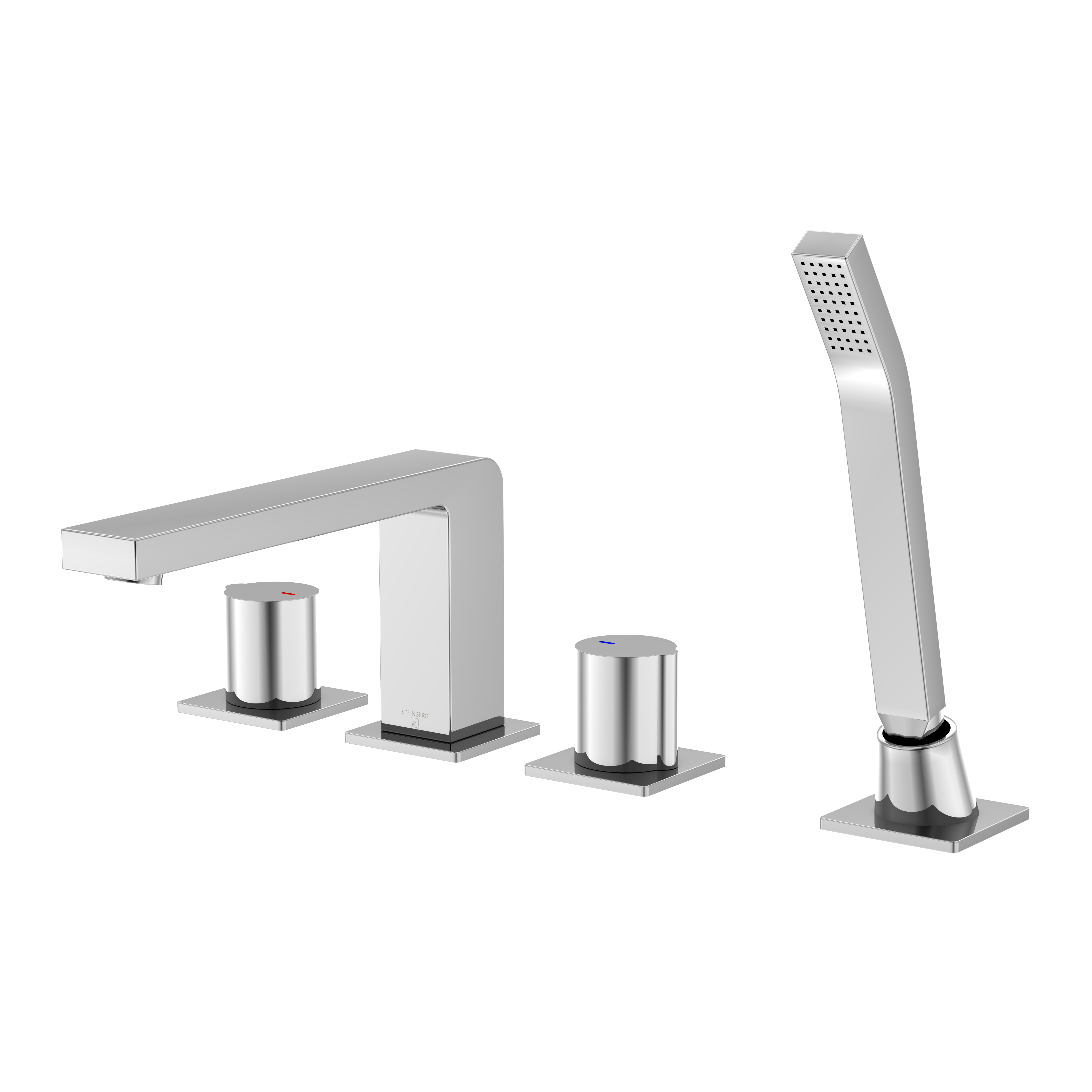 Serie 120 4-Loch Wanne/Brause-Standarmatur mit Umsteller und ausziehbarer Handbrause, Ausladung 20,5 cm Serie 120 4-Loch Wanne/Brause-Standarmatur mit Umsteller und ausziehbarer Handbrause, Ausladung 20,5 cm