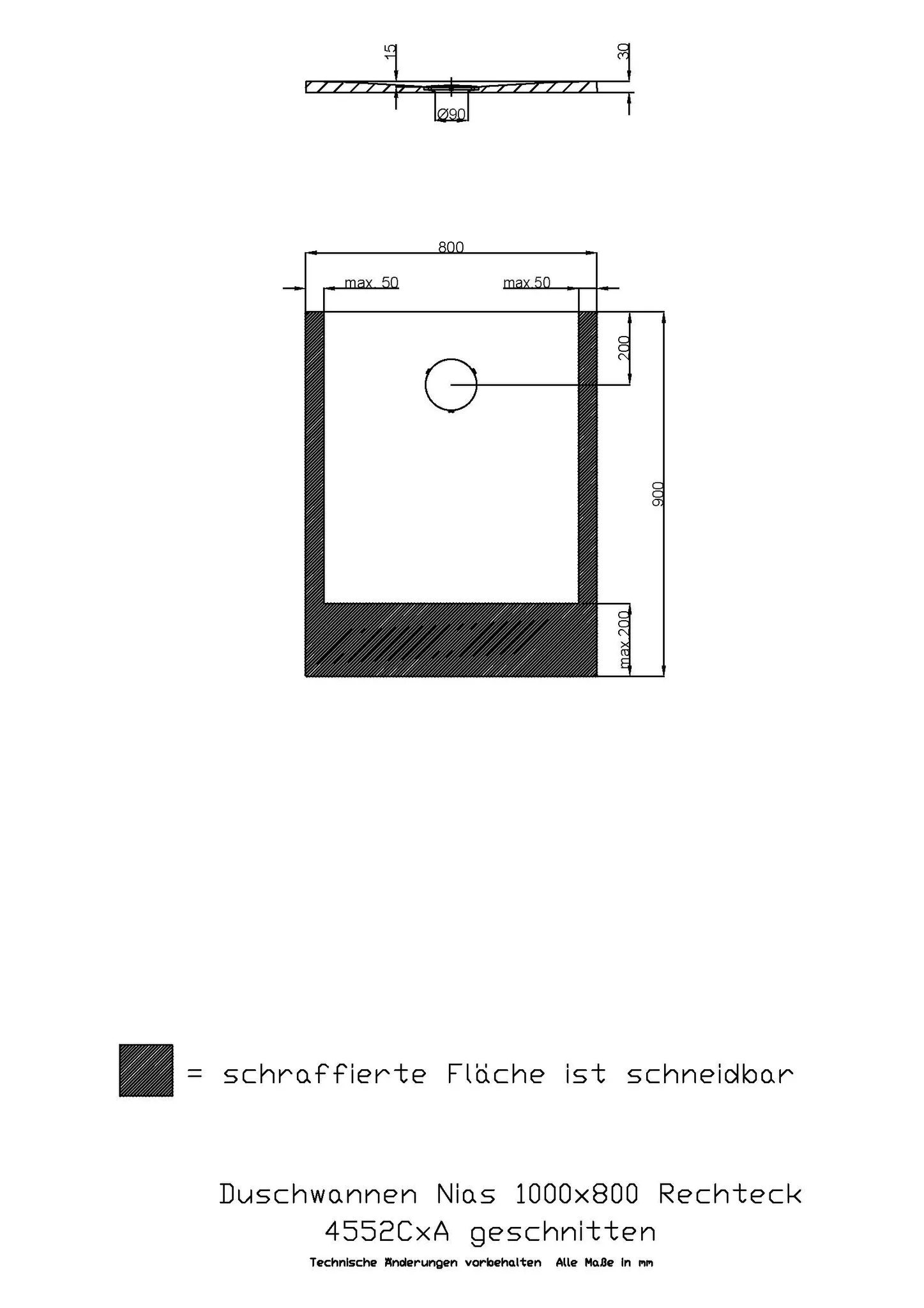 Hoesch rechteck Duschwanne geschnitten „Nias“ mit strukturierter Oberfläche 100 × 80 cm in Weiß