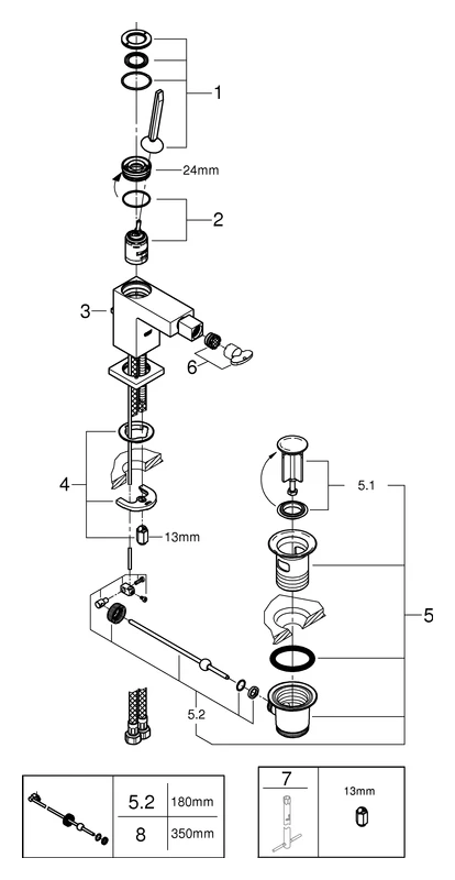 Einhand-Bidetbatterie Eurocube Joy 23664, Einlochmontage, Zugstangen-Ablaufgarnitur 1 1/4'', chrom