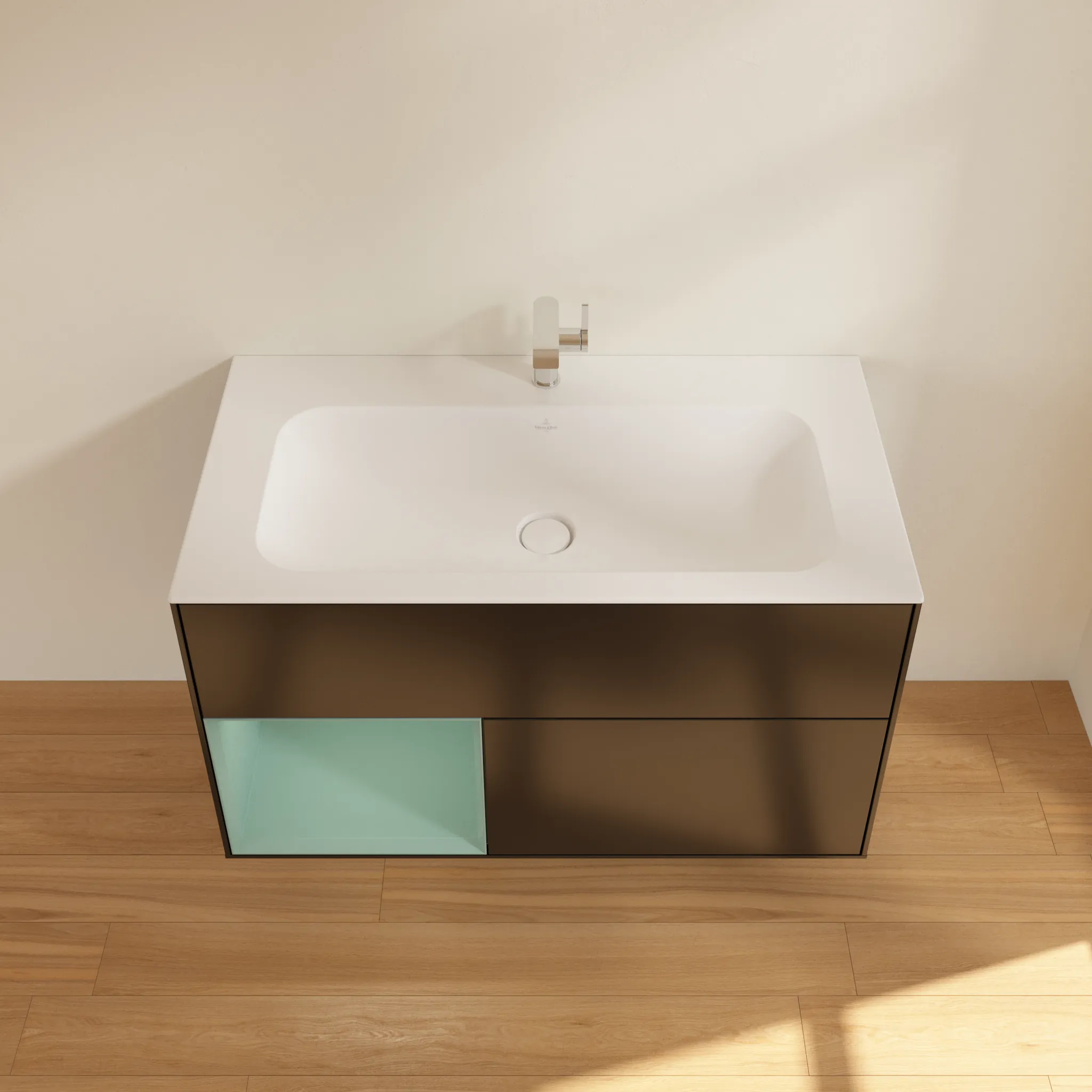 Villeroy & Boch Waschtischunterschrank „Finion“ für Schrankwaschtisch 996 × 591 × 498 mm Black Matt Lacquer, für Becken mittig Villeroy & Boch Waschtischunterschrank „Finion“ für Schrankwaschtisch 996 × 591 × 498 mm Black Matt Lacquer, für Becken mittig
