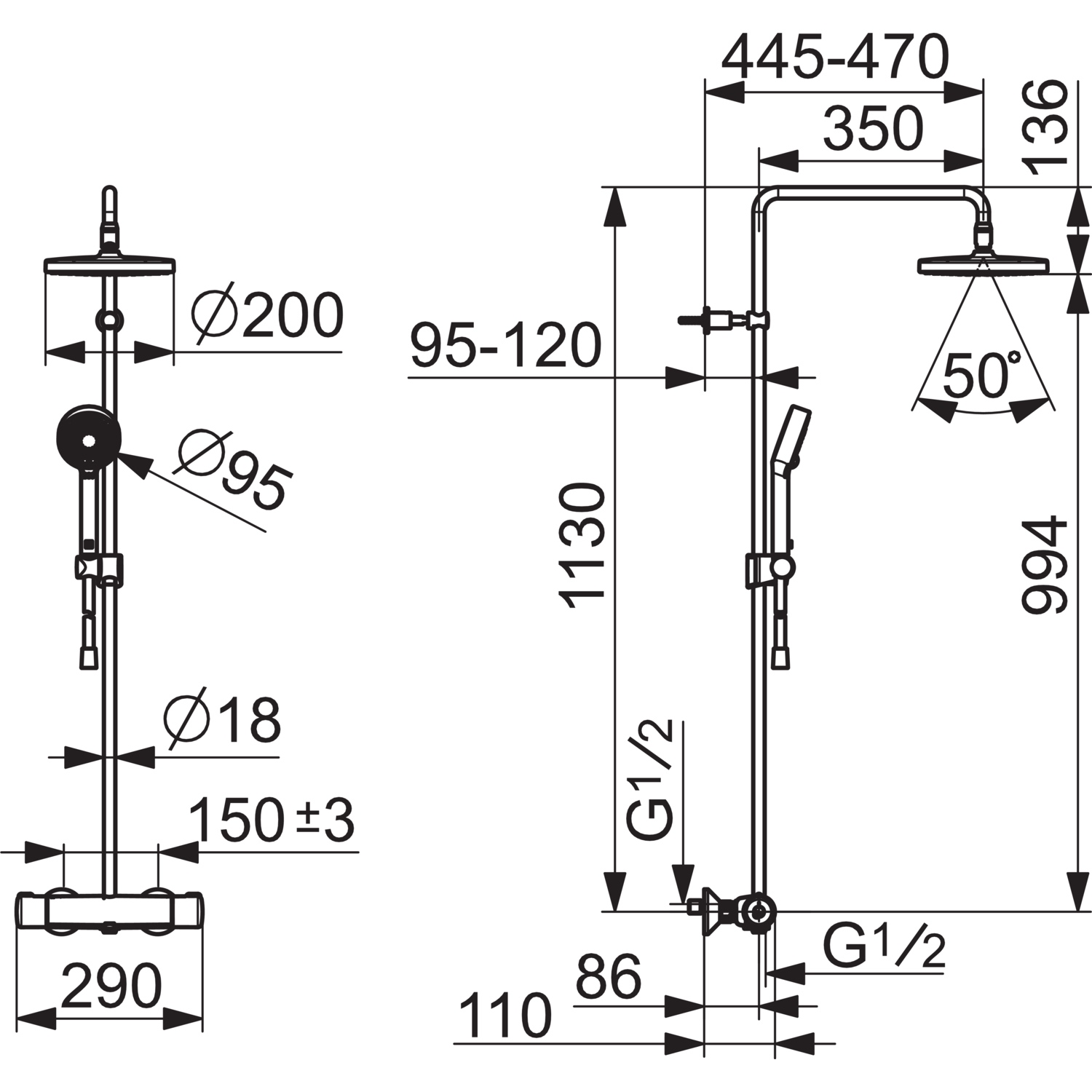 HA Regenbrause-Duscharmatur HANSAMICRA 4435 3-strahlig Ausladung 445-470 mm Chrom