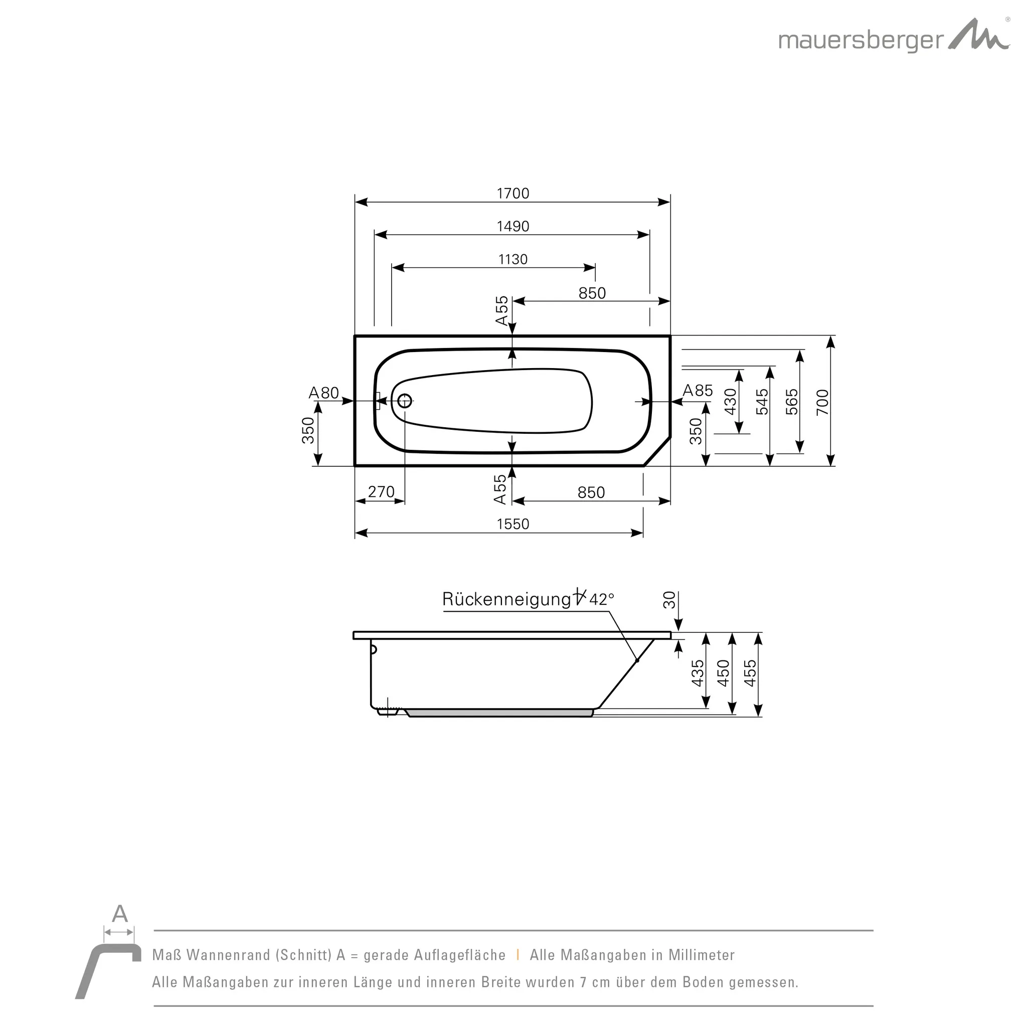 Mauersberger aurea Acryl-Badewanne Kompaktform Aurea 170/70 KL 1700x700x455, weiß Mauersberger aurea Acryl-Badewanne Kompaktform Aurea 170/70 KL 1700x700x455, weiß
