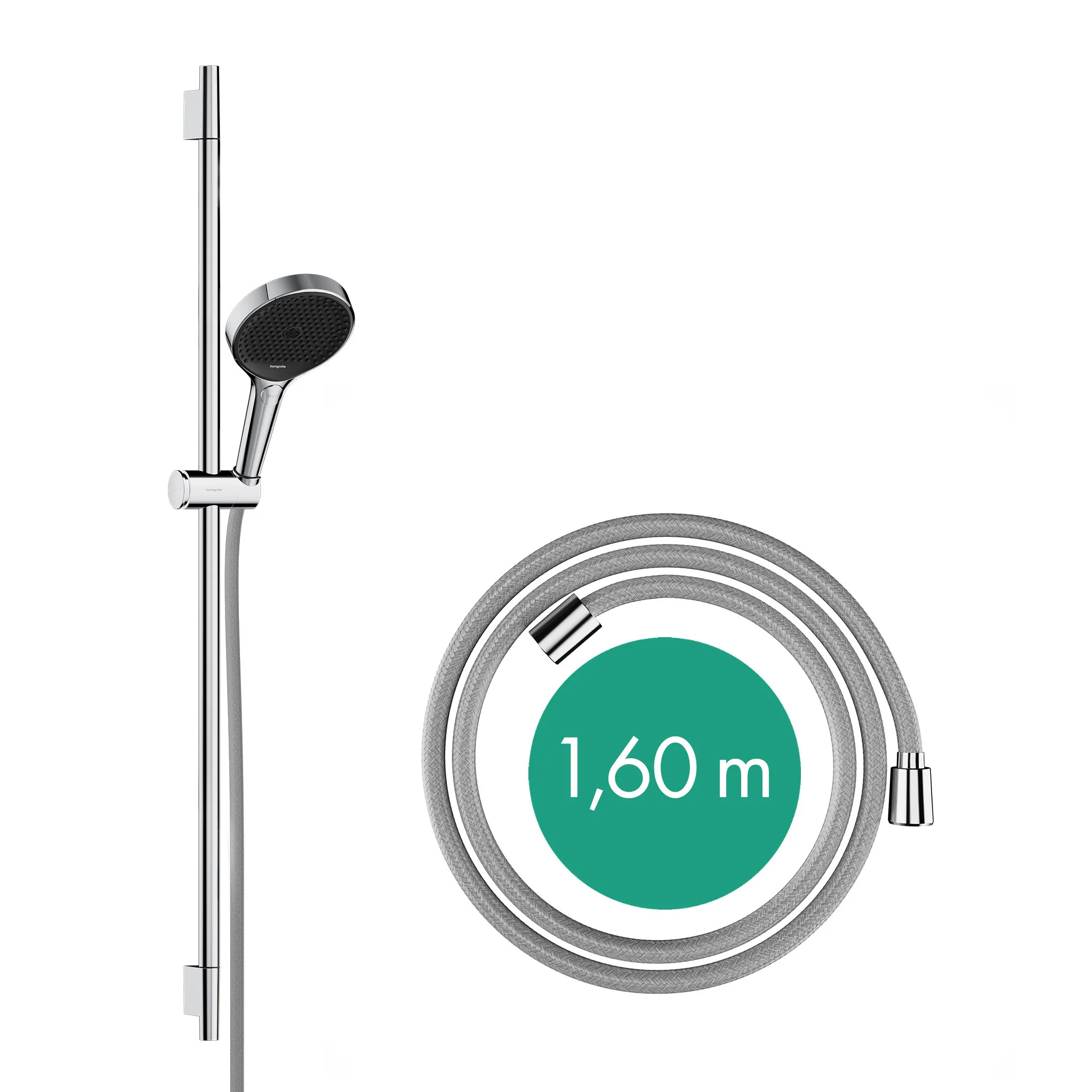 Rainfinity Brauseset 130 3jet mit Brausestange S Puro 90 cm, Push-Handbrausehalterung und Designflex Textilbrauseschlauch 160 cm Chrom