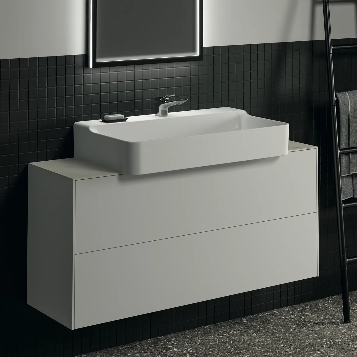 Waschtischplatte Conca, aus Keramik, 1202x373x6mm, Marmor Noir Desir