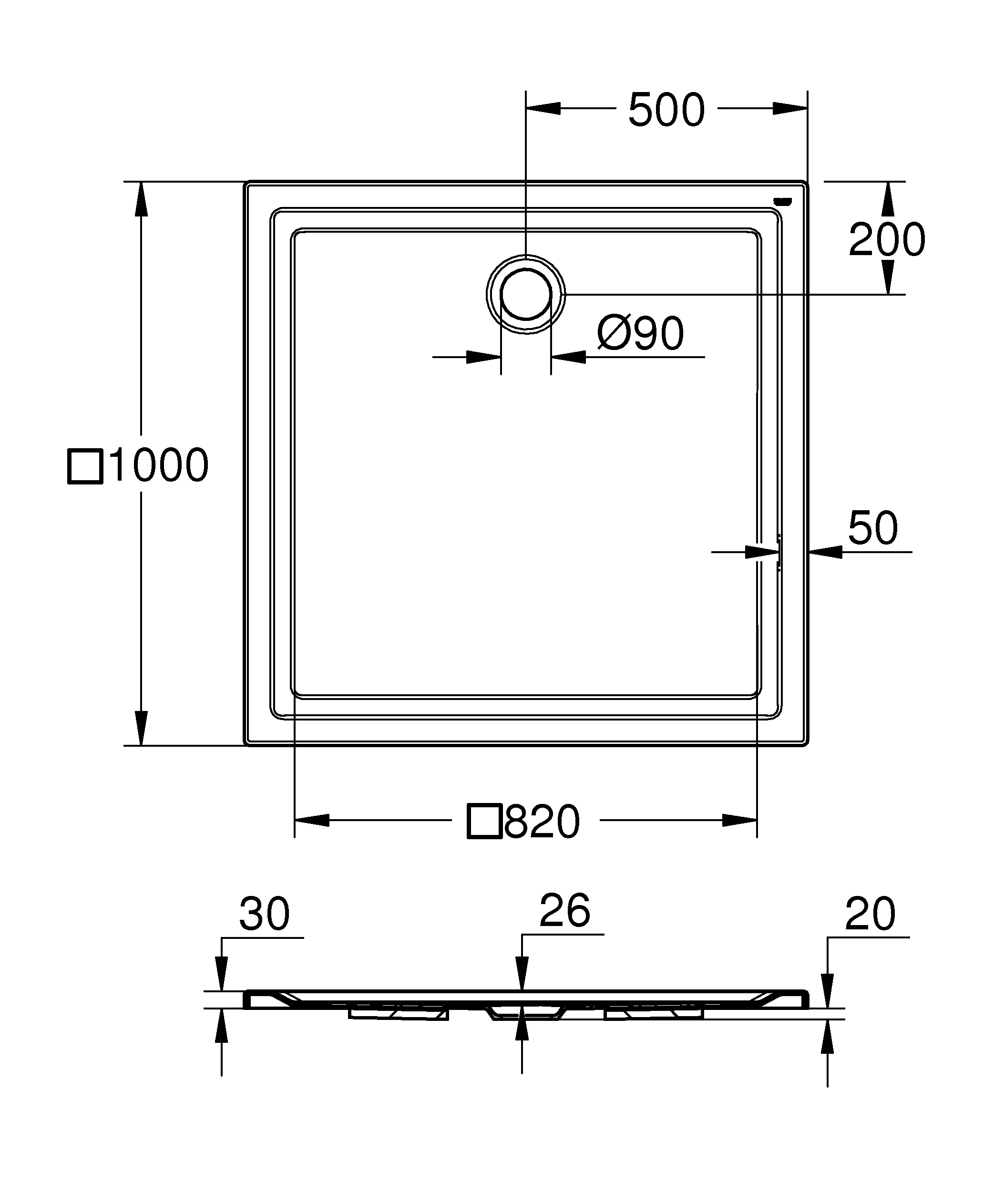 Acryl Duschwanne 39300, Maße: 1000 x 1000 mm, Tiefe: 30 mm, alpinweiß