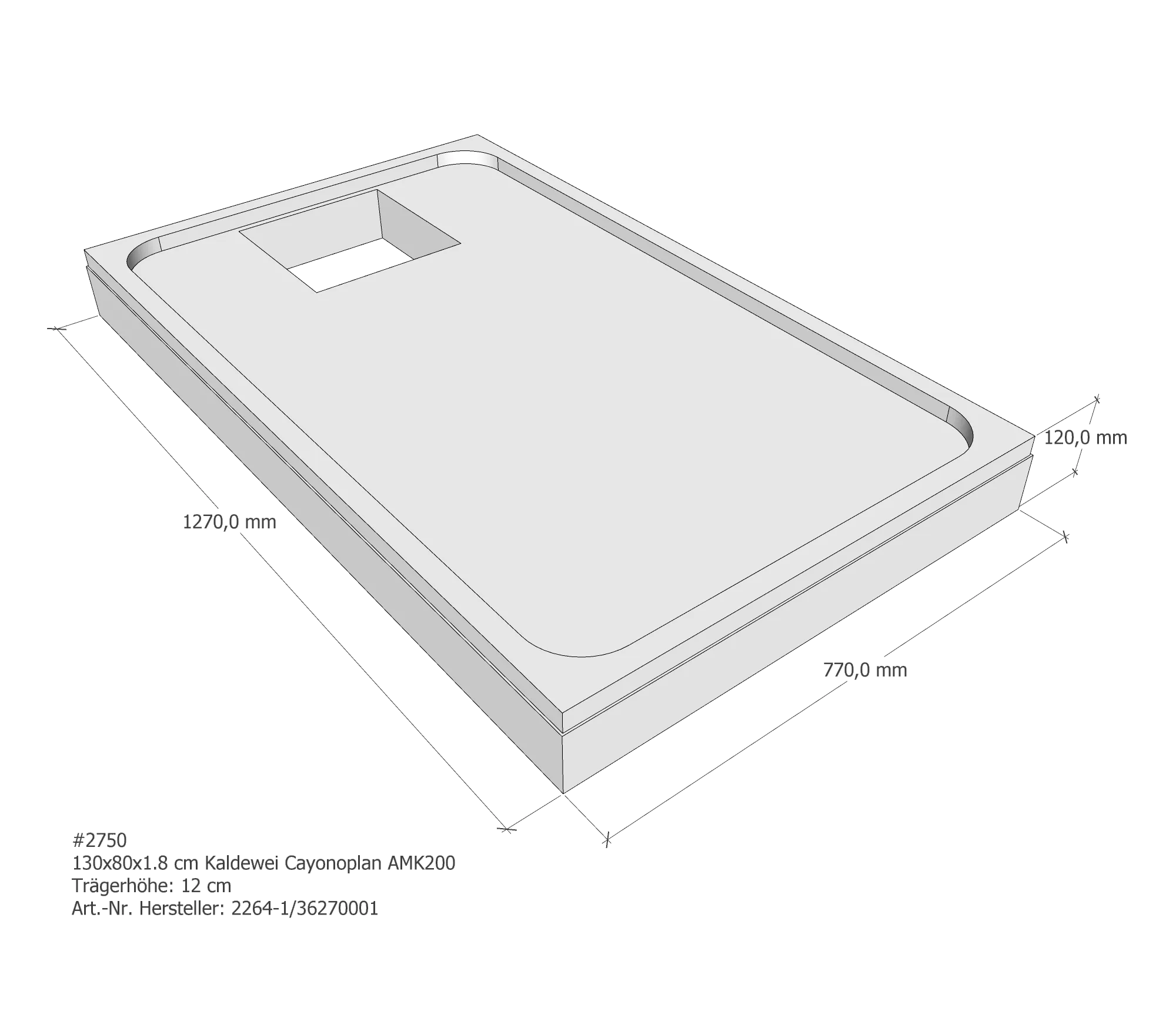 Duschwannenträger für Kaldewei Cayonoplan 130 × 80 × 2,5 cm