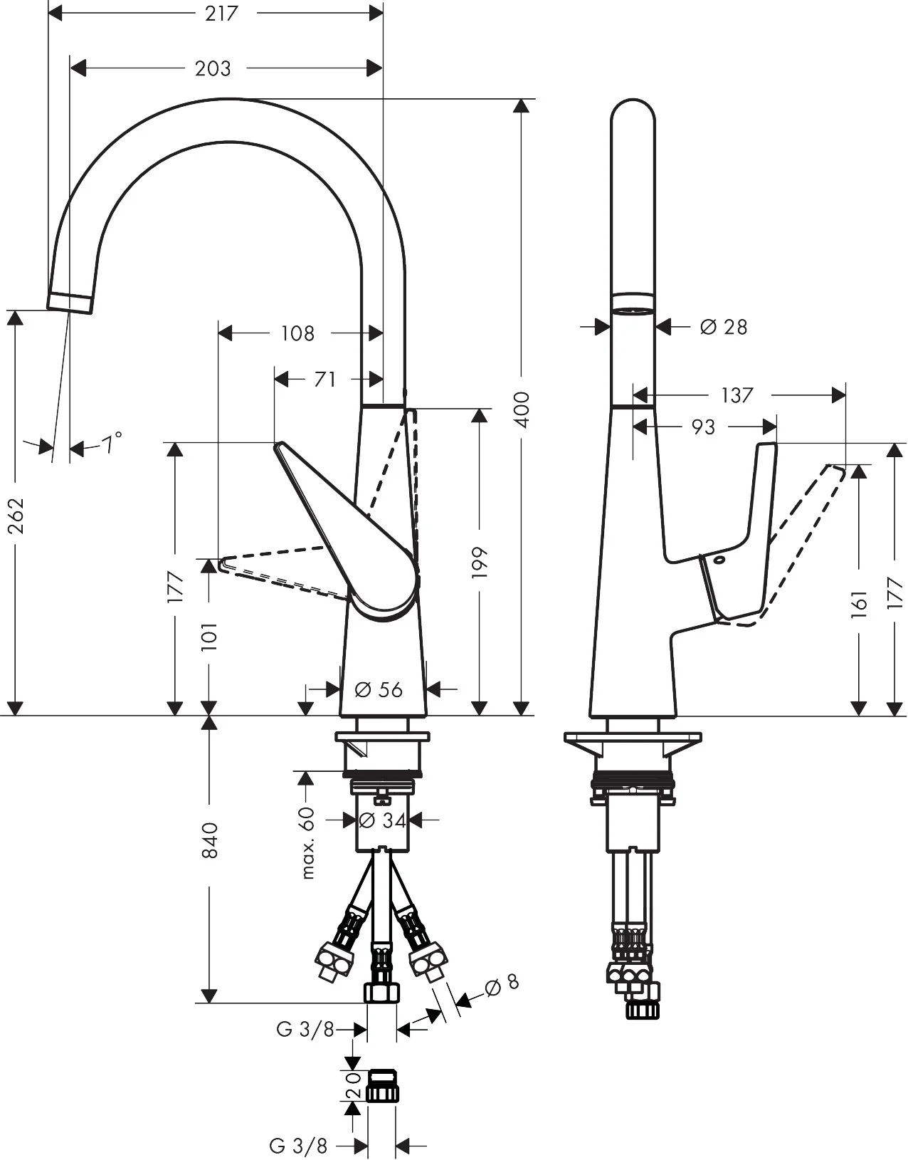 Hansgrohe Talis M51 Einhebel-Küchenmischer 260, Niederdruck, Chrom, Schwenkbereich einstellbar in 3 Stufen auf 110°, 150° oder 360°, Normalstrahl, maximale Durchflussmenge bei 3 bar: 5 l/min