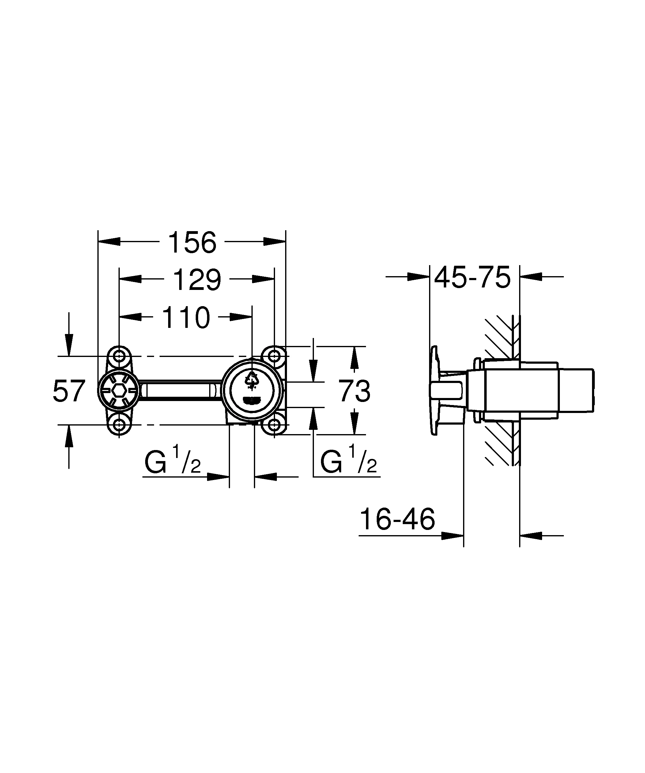 Einhand Unterputz-Universal-Einbaukörper 32635, DN 15, für 2-Loch-Waschtischbatterien, 35 mm Keramikkartusche, Einbautiefe 45 bis 75 mm