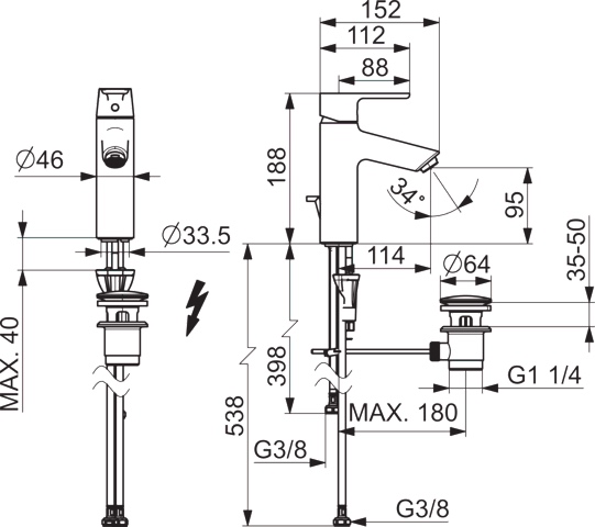 EHM Waschtischbatterie, Niederdruck VANTIS XL 5246 Ablaufgarnitur mit Zugstange Ausladung 114 mm Chrom