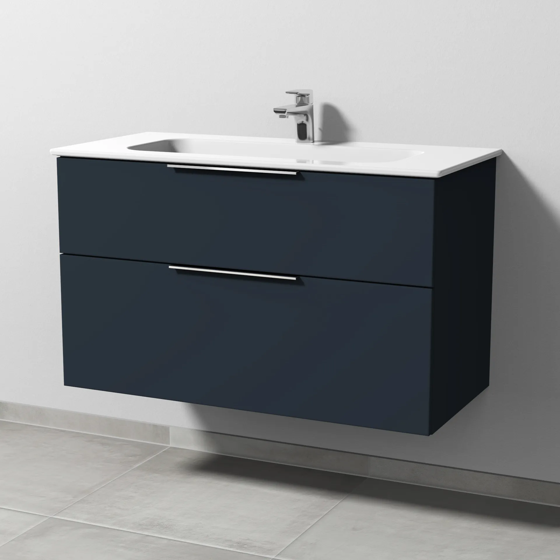 Keramik-Waschtisch-Set mit Waschtischunterschrank „3way“ 97 × 46 × 58,2 cm in Marine (matt), mit Hahnlochbohrung, Becken mittig