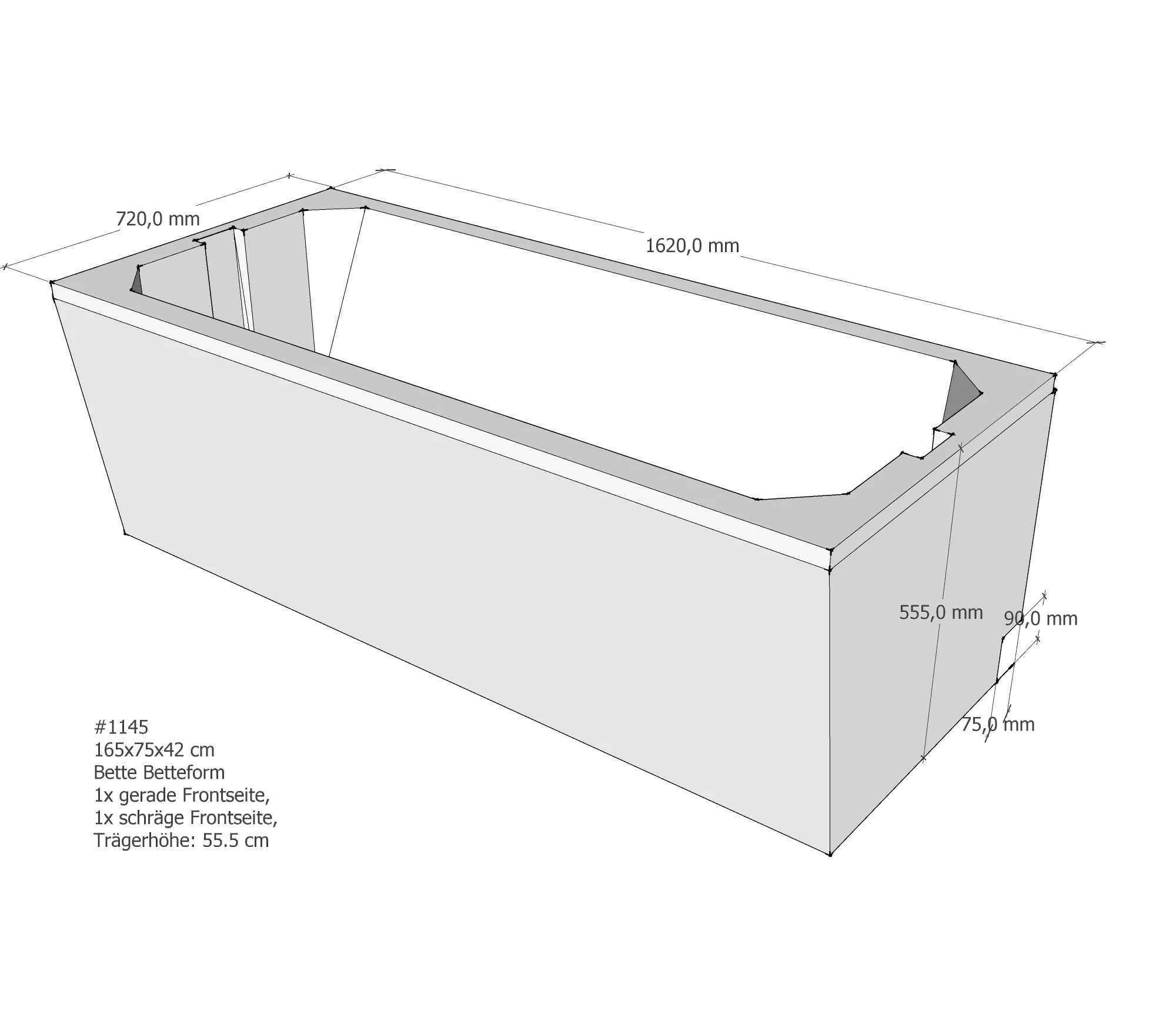Badewannenträger für Bette BetteForm 165 × 75 × 42 cm Breite: 75 cm / Länge: 165 cm