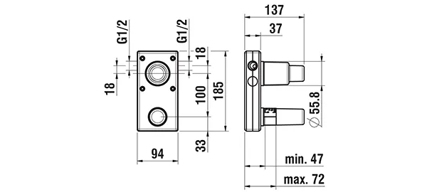Unterputz Einbaukörper SIMIBOX 2-Point passend zu TWINPLUS Anschluss 1/2“ GN Patrone Quattro-G Messingkörper mit Styroporbox und Bauschutzkappe Bedienung oben