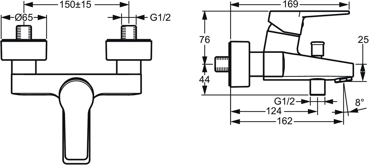 HansaTWIST Einhebelmischer Wannenfüll- und Brausebatterie 0974 Ausladung 162 mm DN15 Matt-Schwarz