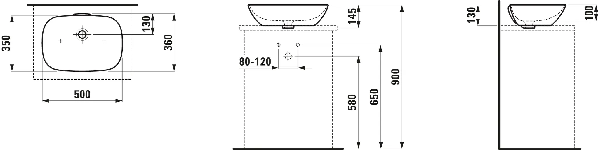 Waschtisch-Schale INO 350x500x145 ohne Hahnloch mit Überlauf weiß