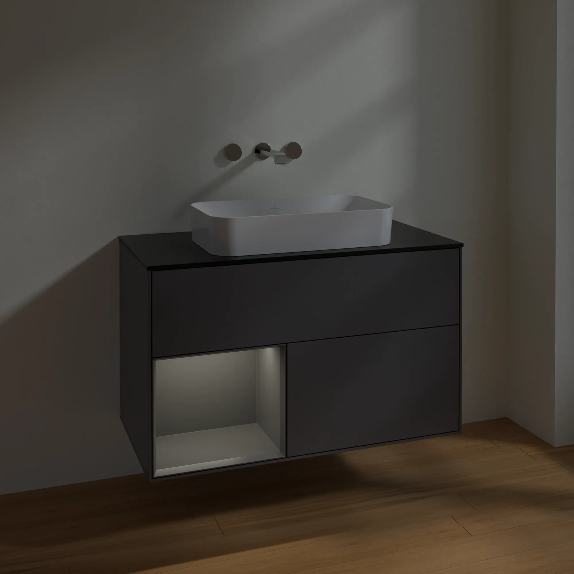 Villeroy & Boch Waschtischunterschrank „Finion“ für Schrankwaschtisch 1000 × 603 × 501 mm Anthracite Matt Lacquer, ohne Hahnlochbohrung, für Becken mittig Villeroy & Boch Waschtischunterschrank „Finion“ für Schrankwaschtisch 1000 × 603 × 501 mm Anthracite Matt Lacquer, ohne Hahnlochbohrung, für Becken mittig