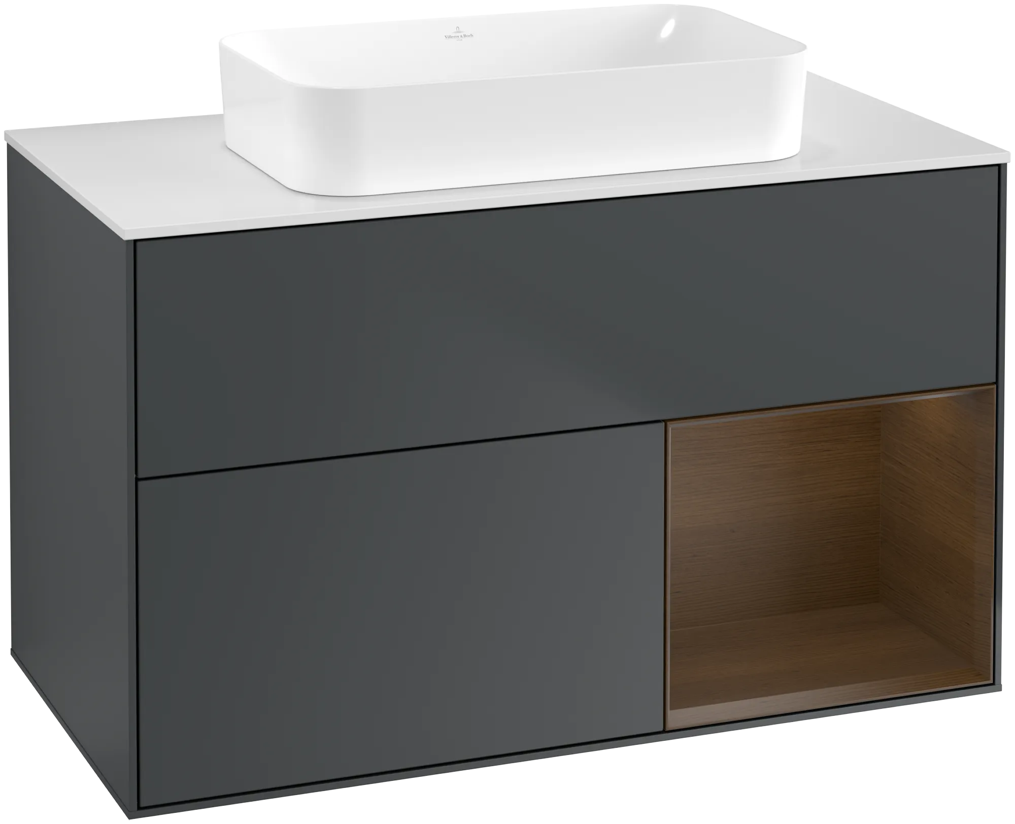 Villeroy & Boch Finion Waschbeckenunterschrank F66, 1000 x 603 x 501 mm, Midnight Blue Matt Lacquer / Walnut Veneer / Glass White Matt
