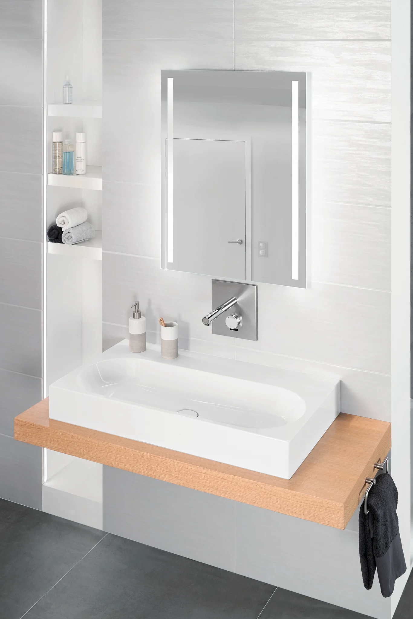 Aufsatzwaschtisch „Centro“ 90 × 50 cm, mit Hahnlochbohrung in warm grey 10, mit Perl-Effekt