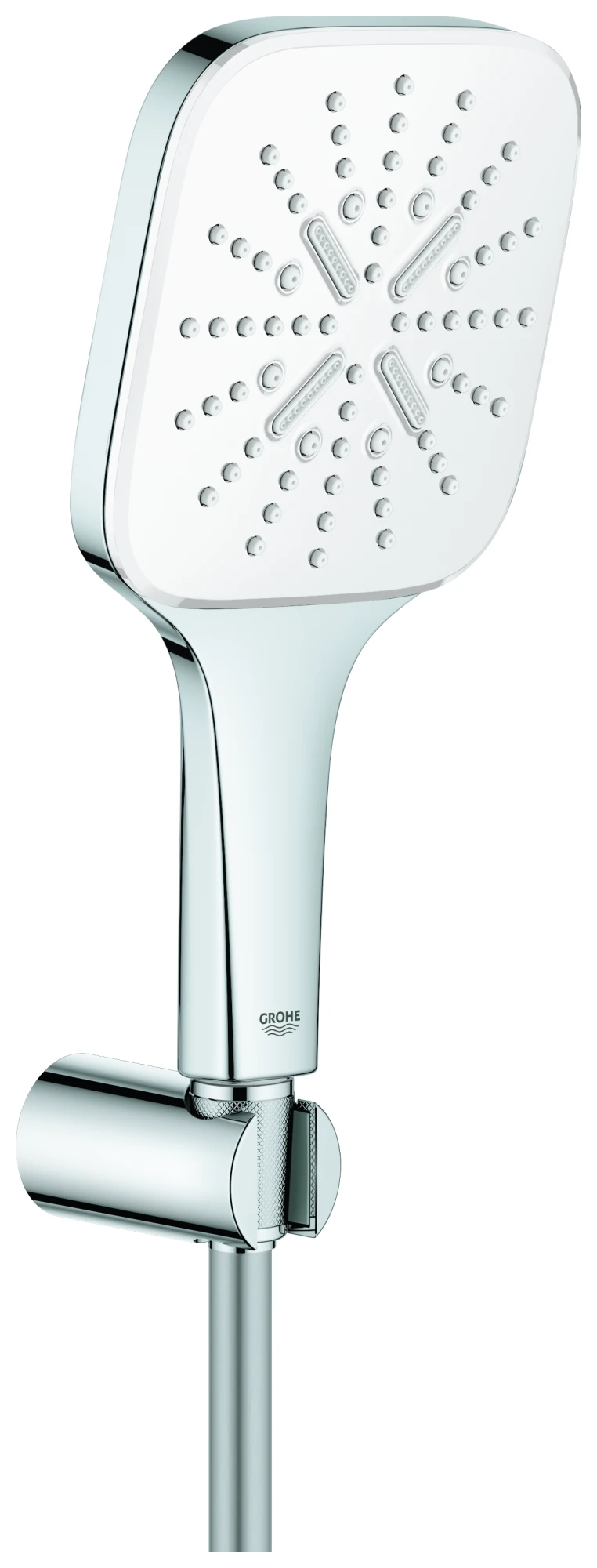 Wandhalterset Rainshower SmartActive 130 Cube 26589, 3 Strahlarten, Brauseboden moon white, Wandbrausehalter verstellbar, Brauseschlauch Silverflex 1500 mm, 9,5 l/min Durchflusskonstanthalter, moon white/chrom