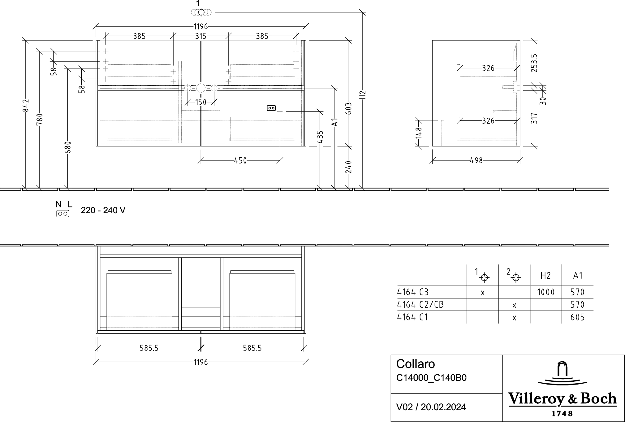 Villeroy & Boch Waschbeckenunterschrank Collaro C140B0, Eckig White Matt, 1.196 x 603 x 498 mm, mit Beleuchtung und SoftClosing, 2 Waschbecken