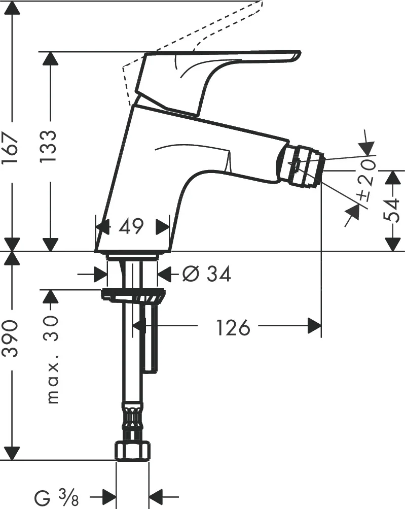 Hansgrohe Bidetmischer Focus chrom Push-Open, Einhebel-Bedienung, Ausladung 126 mm, Auslaufhöhe 54 mm, Kugelgelenk-Luftsprudler, Normalstrahl, max. Durchfluss 7,2 l/min, Keramikmischsystem, einstellbare Temperaturbegrenzung, für Durchlauferhitzer geeigne