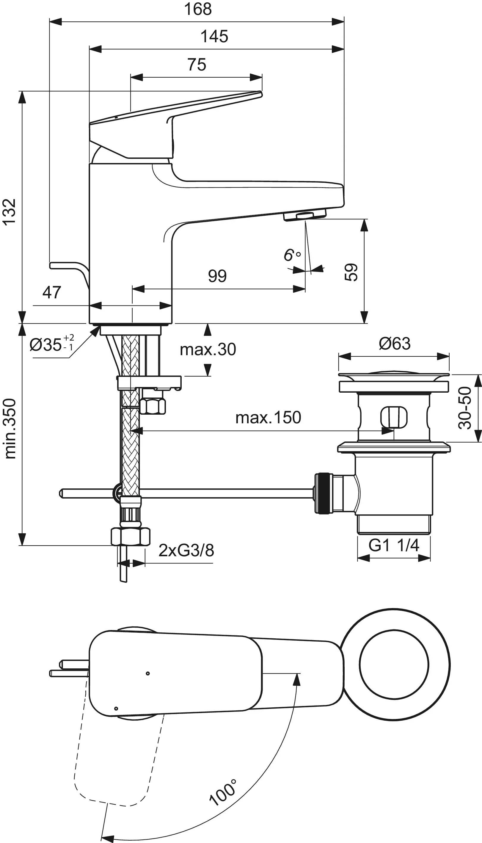 Waschtischarmatur Ceraplan H60 mit Ablaufgarnitur Ausladung 99mm BlueStart Chrom