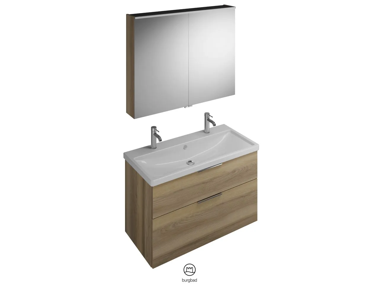 burgbad Badmöbelset Keramik-Waschtisch inkl. Waschtischunterschrank und Spiegelschrank „Eqio“ 103 cm Stangengriff, Schwarz Matt (140 / 397 mm), in Grau Hochglanz burgbad Badmöbelset Keramik-Waschtisch inkl. Waschtischunterschrank und Spiegelschrank „Eqio“ 103 cm Stangengriff, Schwarz Matt (140 / 397 mm), in Grau Hochglanz